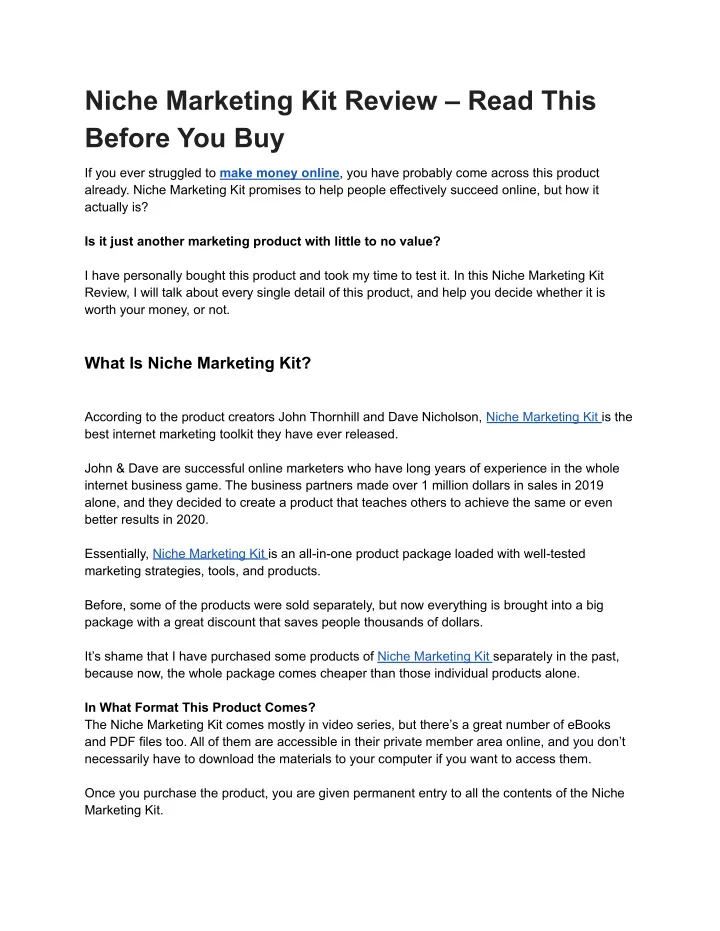 niche marketing kit review read this before