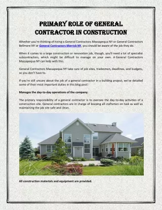 Primary Role of General Contractor in Construction