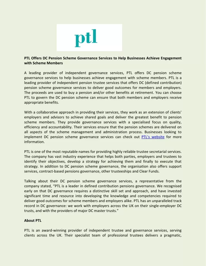 ptl offers dc pension scheme governance services