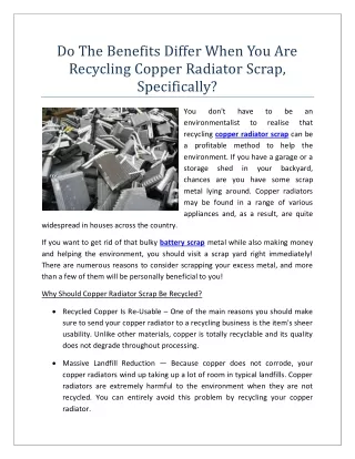 Do The Benefits Differ When You Are Recycling Copper Radiator Scrap, Specifically