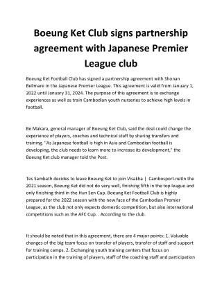 Boeung Ket Club signs partnership agreement with Japanese Premier League club