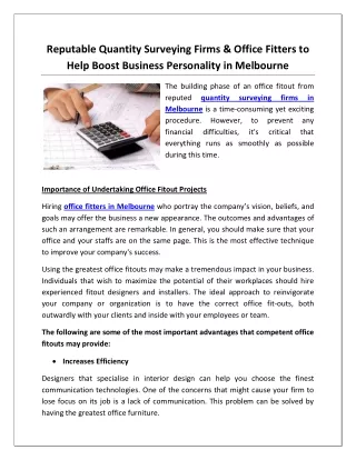 Reputable Quantity Surveying Firms & Office Fitters to Help Boost Business Personality in Melbourne