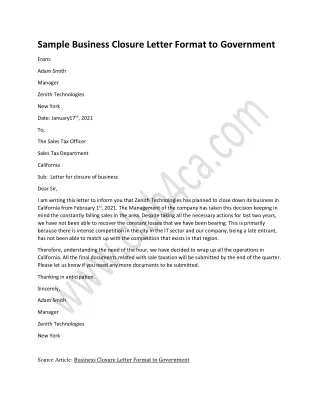 Sample Business Closure Letter Format to Government