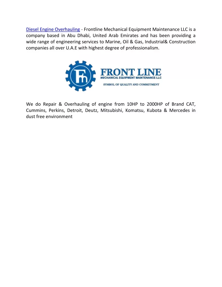 diesel engine overhauling frontline mechanical