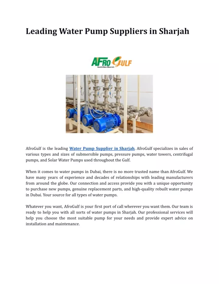 leading water pump suppliers in sharjah