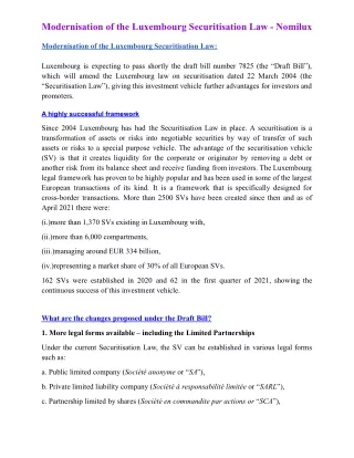 Modernisation of the Luxembourg Securitisation Law - Nomilux