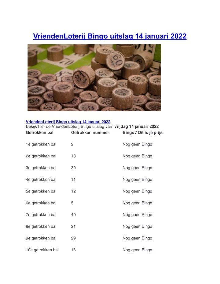 vriendenloterij bingo uitslag 14 januari 2022