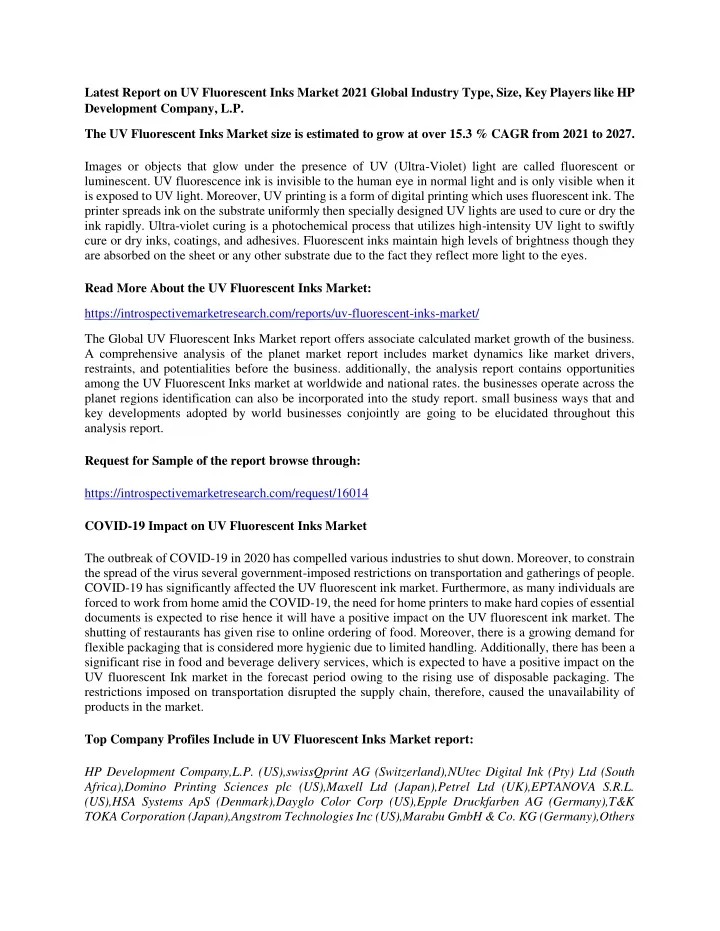 latest report on uv fluorescent inks market 2021