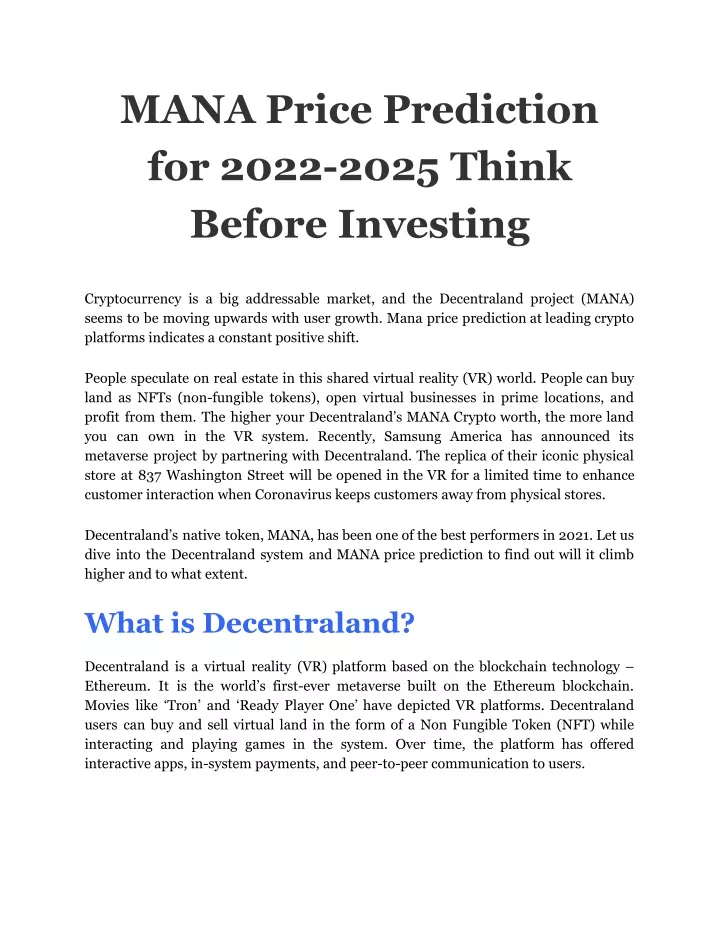 mana price prediction for 2022 2025 think before