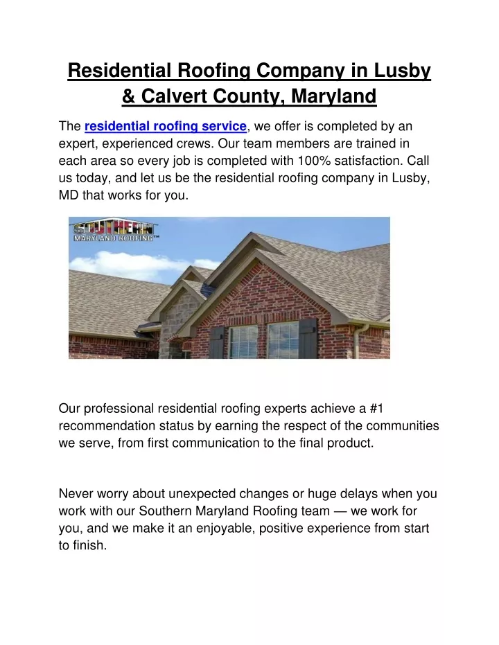 residential roofing company in lusby calvert