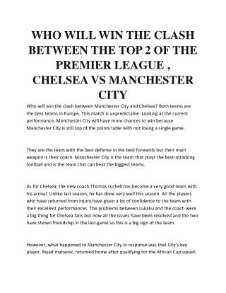 WHO WILL WIN THE CLASH BETWEEN THE TOP 2 OF THE PREMIER LEAGUE , CHELSEA VS MANCHESTER CITY