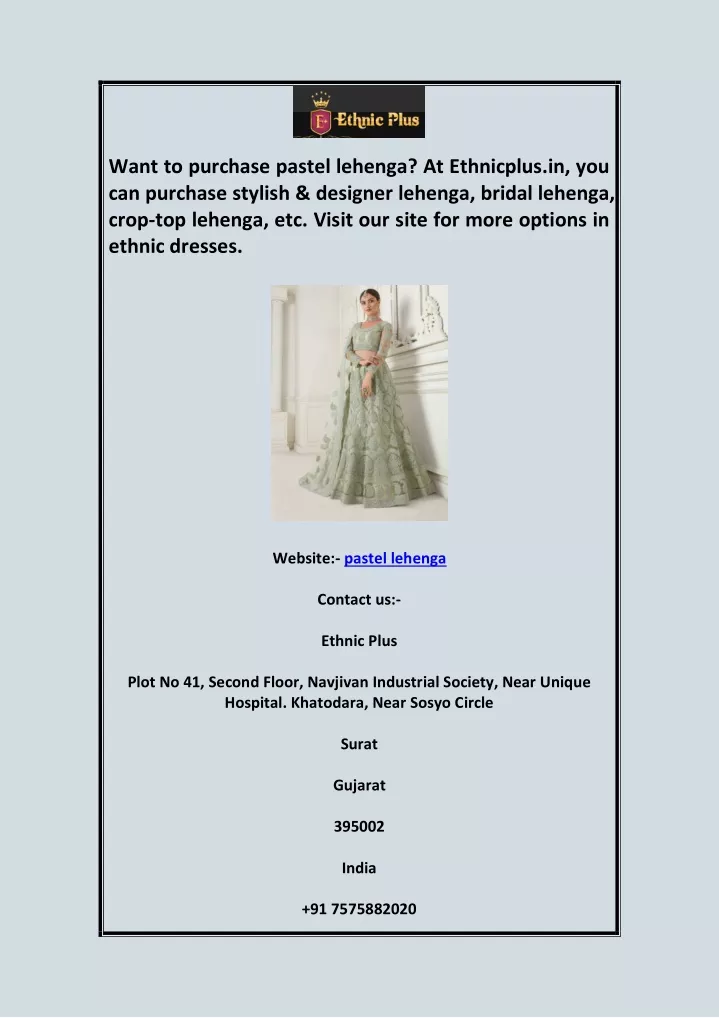 want to purchase pastel lehenga at ethnicplus