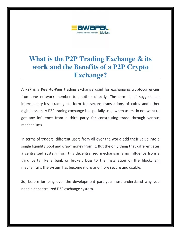 what is the p2p trading exchange its work