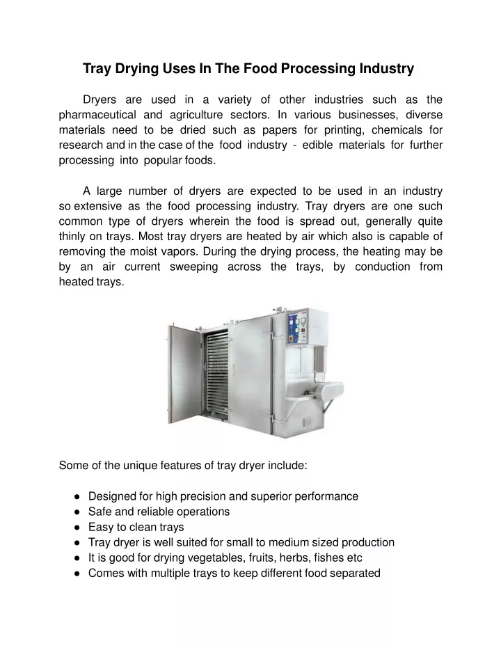 tray drying uses in the food processing industry