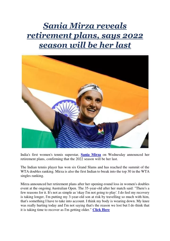 sania mirza reveals retirement plans says 2022