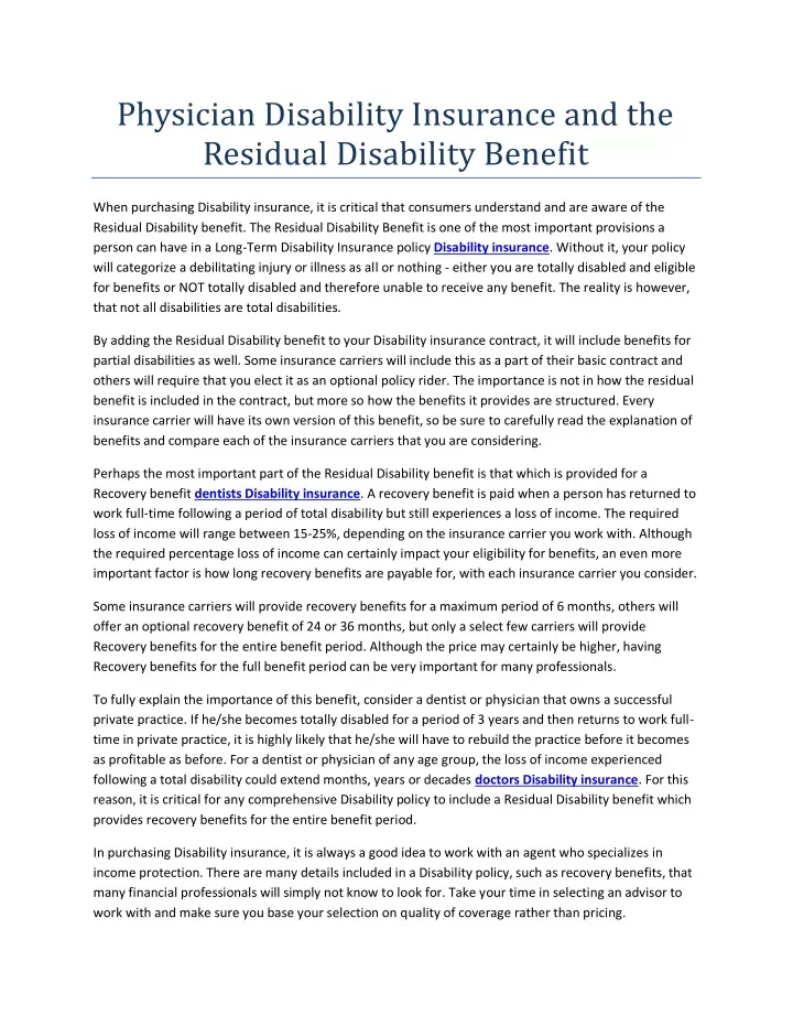 physician disability insurance and the residual