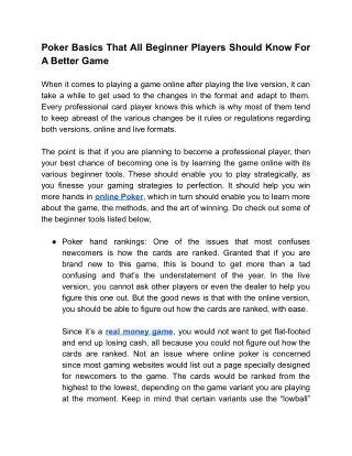 poker basics that all beginner players should