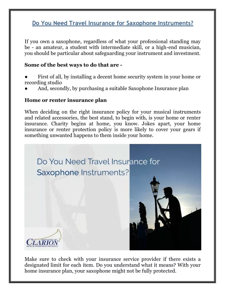 do you need travel insurance for saxophone