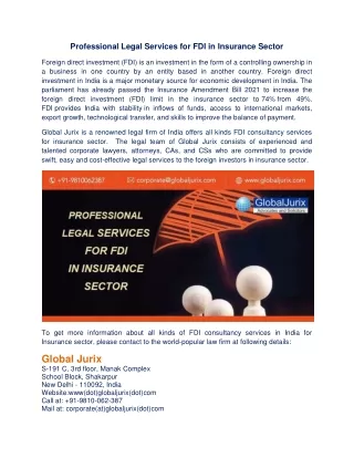 Professional Legal Services for FDI in Insurance Sector