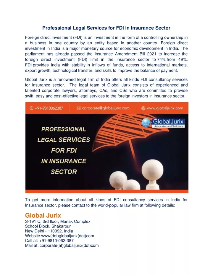 professional legal services for fdi in insurance