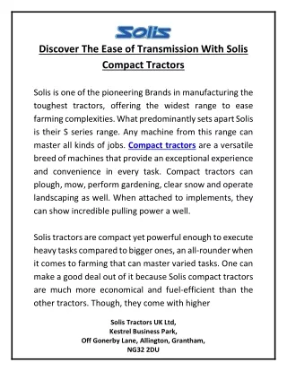 Discover The Ease of Transmission With Solis Compact Tractors