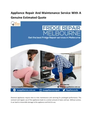 Appliance Repair And Maintenance Service With A Genuine Estimated Quote