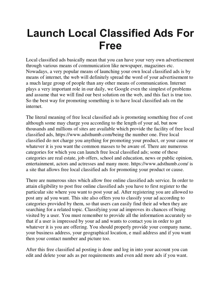 launch local classified ads for free
