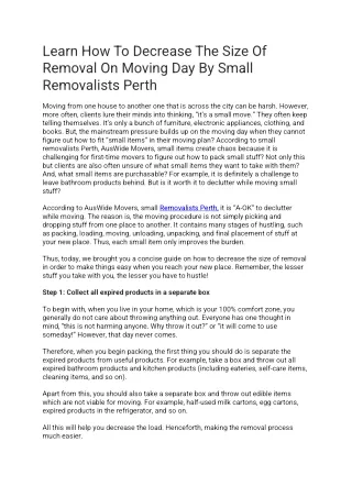 Learn How To Decrease The Size Of Removal On Moving Day By Small Removalists Perth