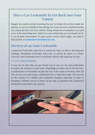 To Get Back Into Your Vehicle, Hire a Car Locksmith