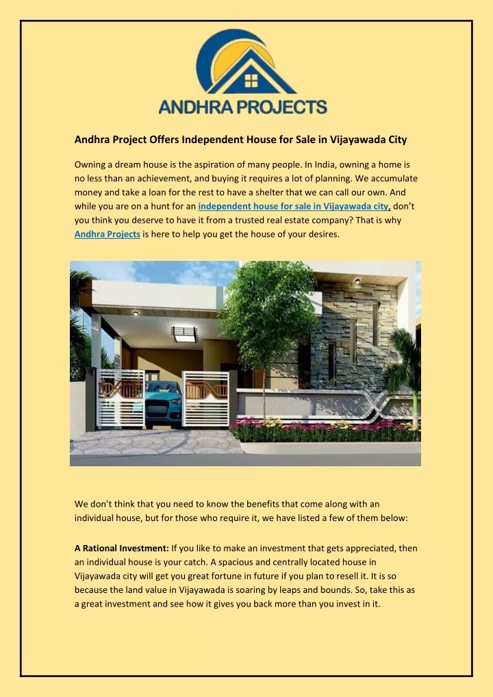 andhra project offers independent house for sale