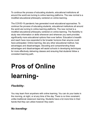 PROS AND CONS OF ONLINE LEARNING FOR SCHOOL GOING STUDENTS