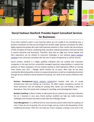 Darryl Vashaun Stanford- Provides Expert Consultant Services for Businesses