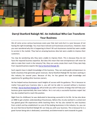 Darryl Stanford Raleigh NC- An Individual Who Can Transform Your Business