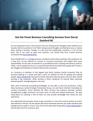 Get the Finest Business Consulting Services from Darryl Stanford NC