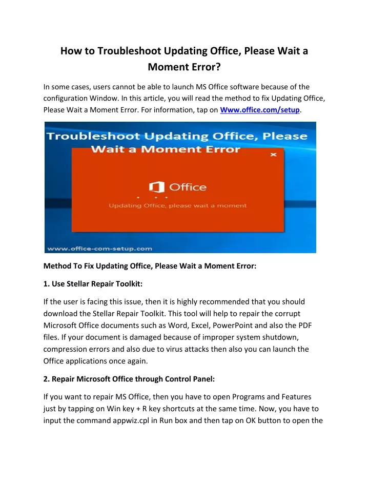 how to troubleshoot updating office please wait