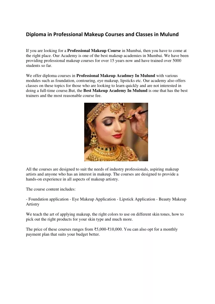 diploma in professional makeup courses