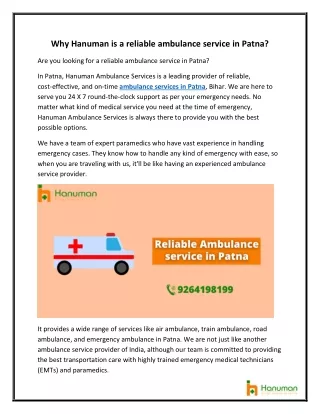 Why hanuman is reliable ambulance service in Patna