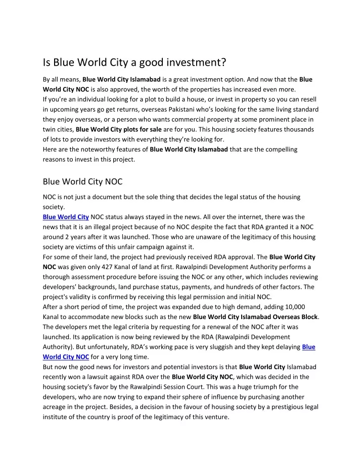 is blue world city a good investment