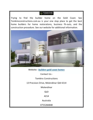 Visit the best Builders Gold Coast Homes  Tomkinsconstructions.com.au