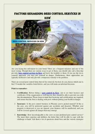 Factors Regarding Bees Control Services In Kew