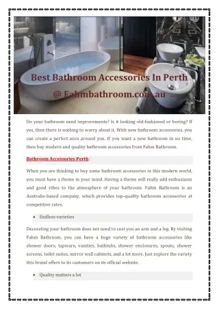 Best Bathroom Accessories In Perth @ Fahmbathroom.com.au