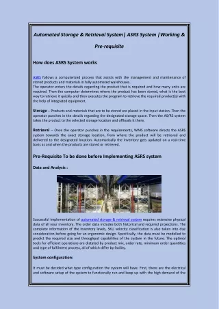 Automated Storage & Retrieval System ASRS System Working & Pre-requisite