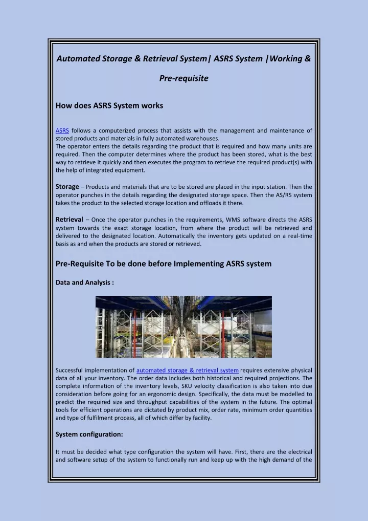 automated storage retrieval system asrs system