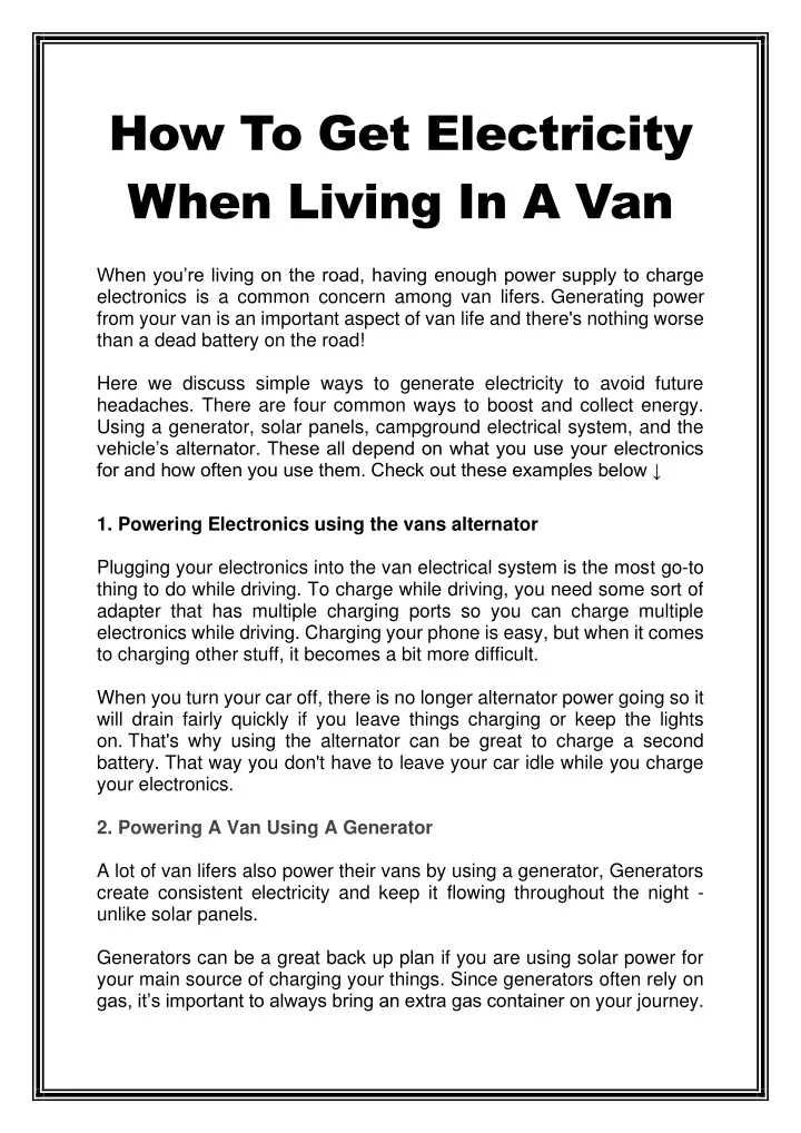 how to get electricity when living in a van