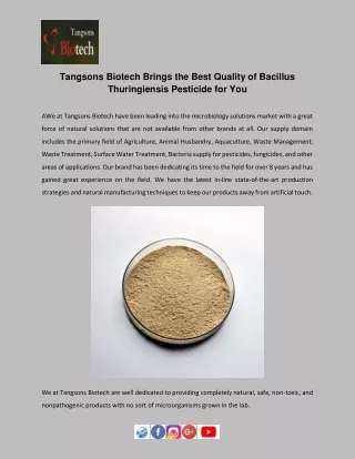 Tangsons Biotech Brings the Best Quality of Bacillus Thuringiensis Pesticide for You