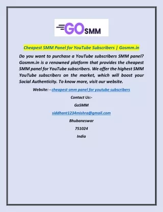 Cheapest SMM Panel for YouTube Subscribers | Gosmm.in