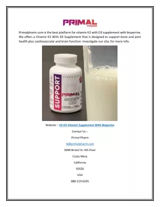 K2 D3 Vitamin Supplement With Bioperine | Primalpharm.com