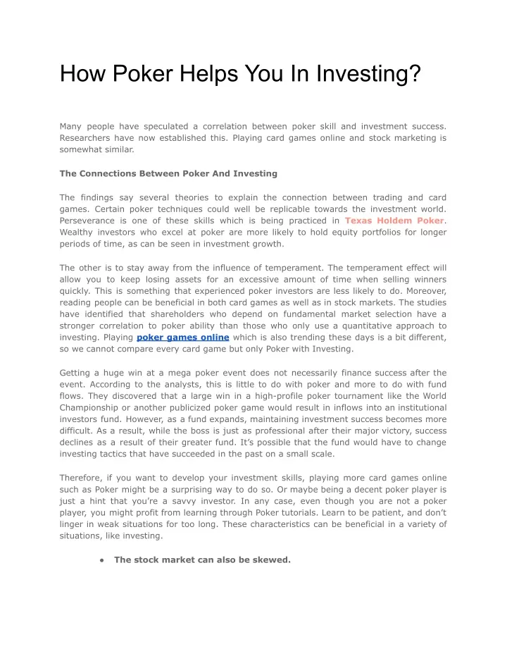 how poker helps you in investing