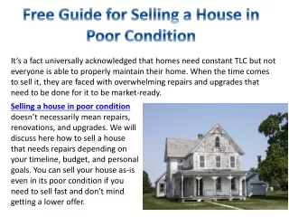 Free Guide for Selling a House in Poor Condition