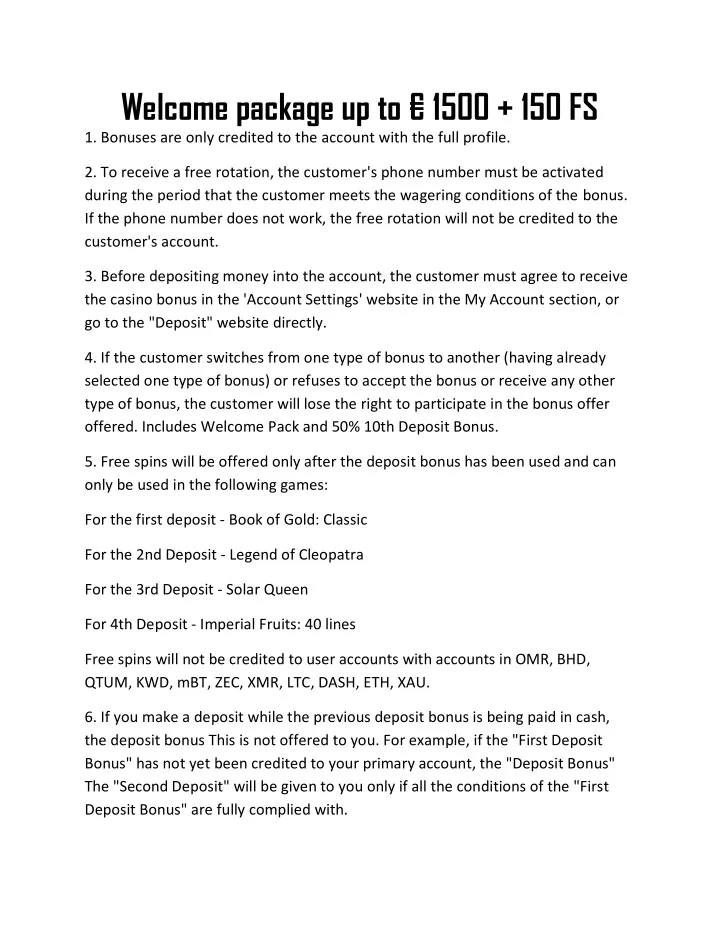 welcome package up to 1500 150 fs 1 bonuses